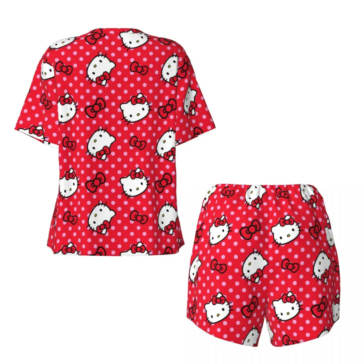 Desenhos animados Anime Pijama Conjunto para Mulheres, Hello Kitty Bow, Pijamas de manga curta, Loungewear, 2 Piece Pjs