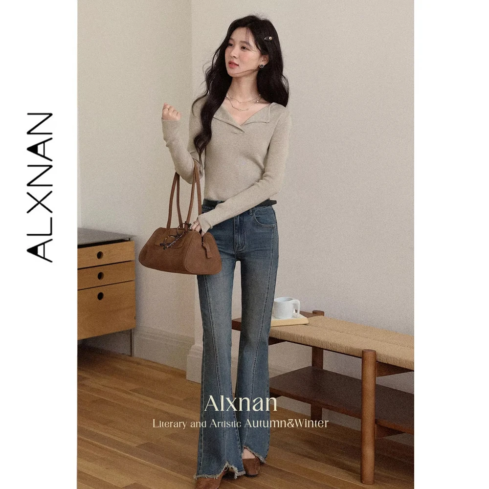 ALXNAN Women's Jeans Vintage Blue Micro-lapped Split Cotton Jeans 2026 Autumn High-waist Straight Elegant Casual Pants L56815