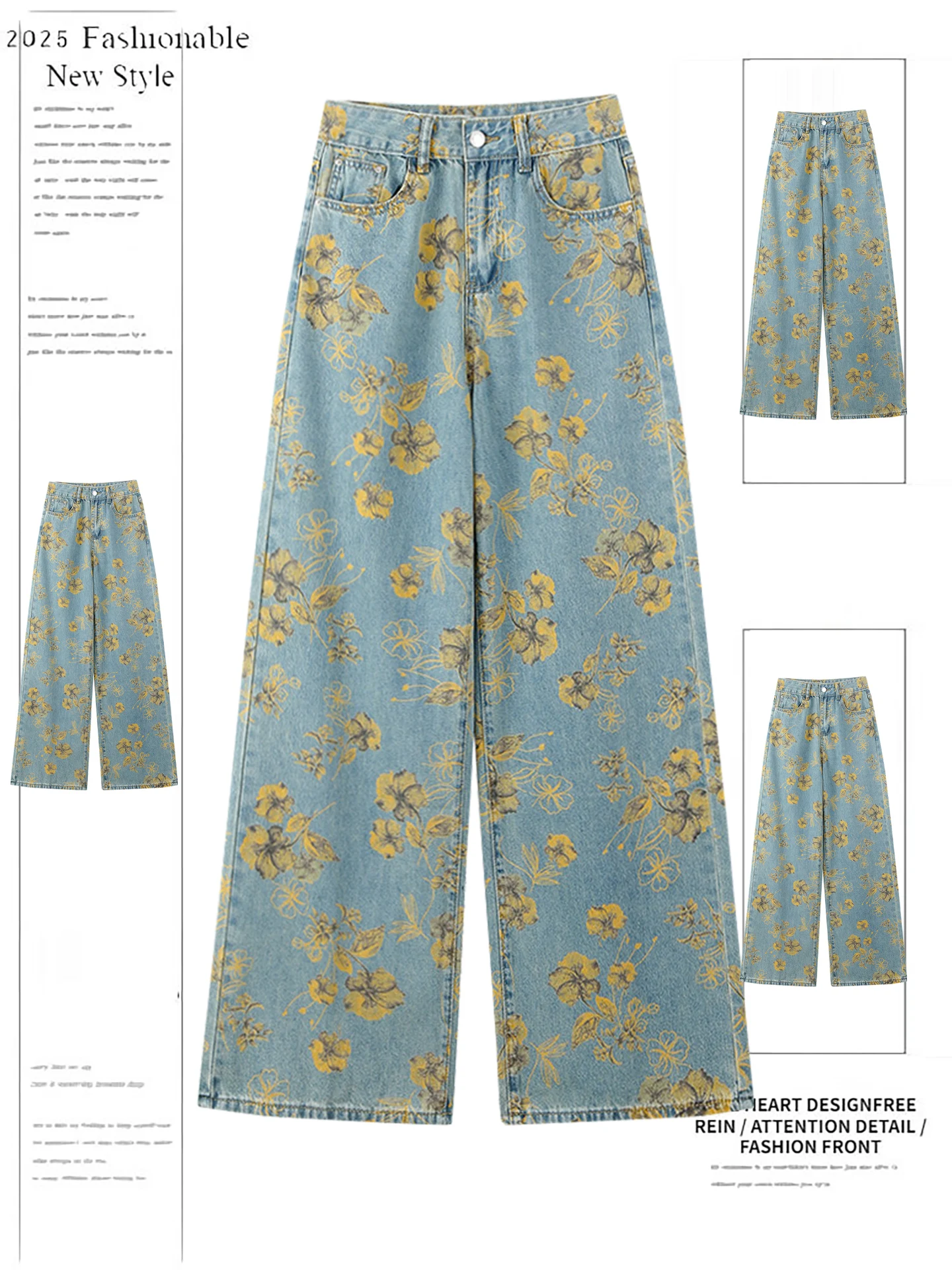 

American Retro Print Design Wide Leg Denim Pants Women's Spring Autumn New Loose Drapey Floor-Length Trousers