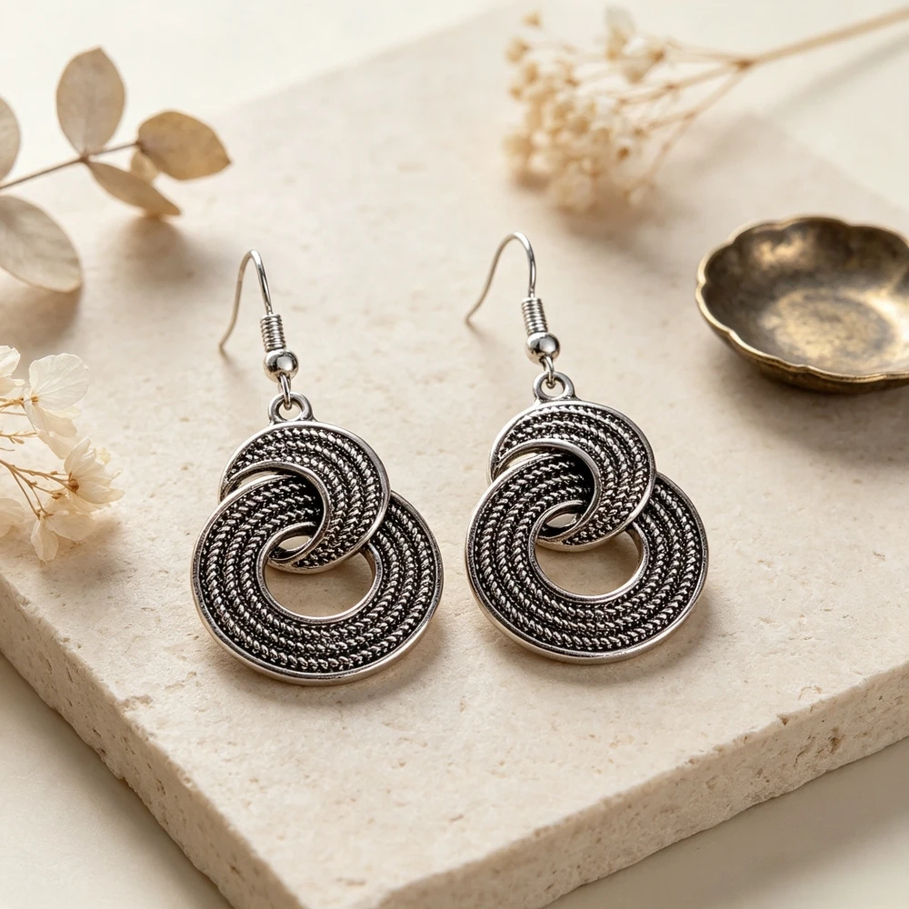 Women's Antique Double Ring Hanging Earrings Rope Pattern Relief Interwoven Circular Geometric Hollow Design