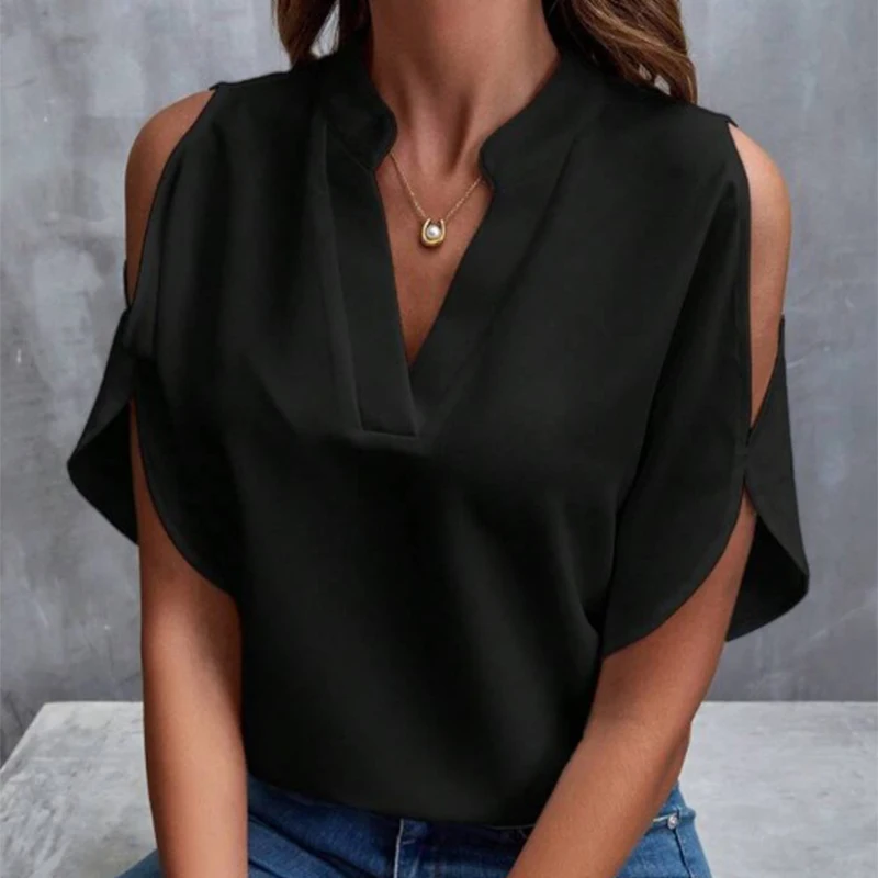 Elegant Women\'S Shirt Blouse Summer New V-Neck Off Shoulder Short Sleeves Solid Color Shirt Chiffon Pullover Top Female Clothes