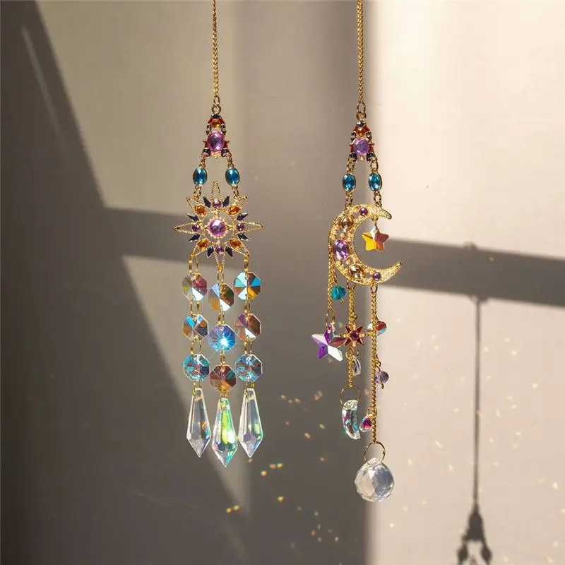 AEE4-2PCS Suncatcher Crystal Pendant Sun Moon Window Prisms Rainbow Vintage Wind Chimes Hanging Light Catcher Garden Decor
