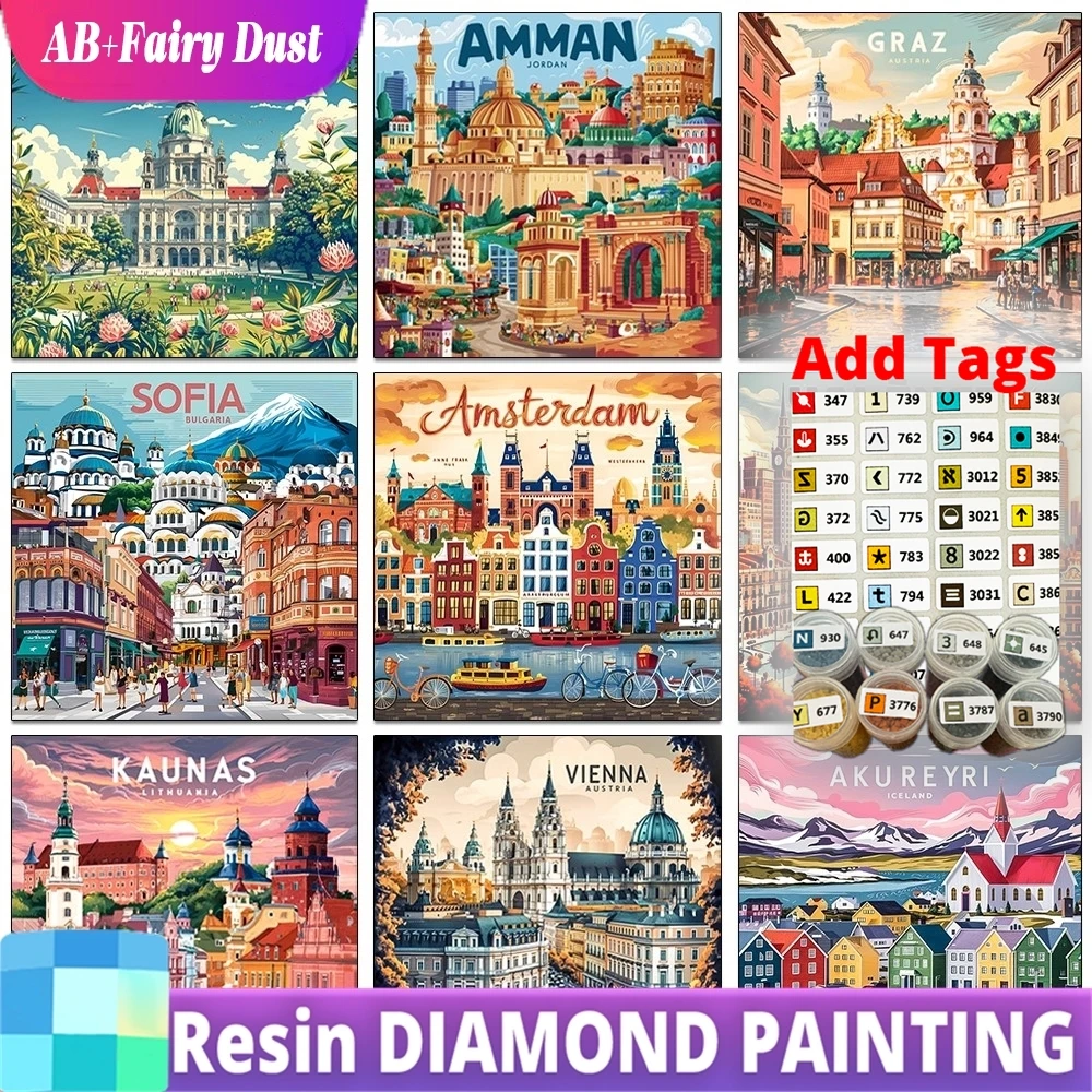 

Алмазная мозаика DIY: Городской пейзаж с эффектом сказочной пыли (круглые/квадратные стразы), Прага, Амман. Декор для дома.