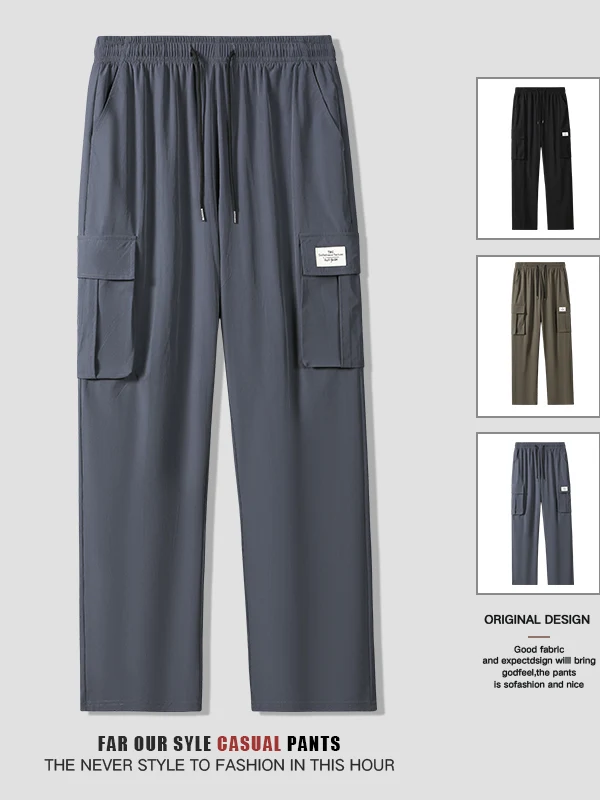 

Ice Silk Straight Leg Workwear Trousers Men's High Street Casual Long Pants Multiple kets Loose Wide Leg Trousers for Boys