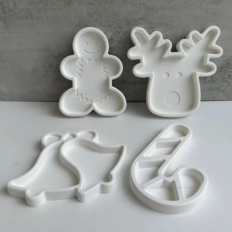 Christmas Deer Tray Concrete Mold Cute Candy Nut Storage Tray Mold Cute Gingerbread Man Bell Crutches Cement Tray Silicone Mold