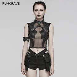 PUNK RAVE Women's Punk Sexy Perspective Sexiness Tops Unique Cutting Hollowed Tees Vest Summer Women Clothing