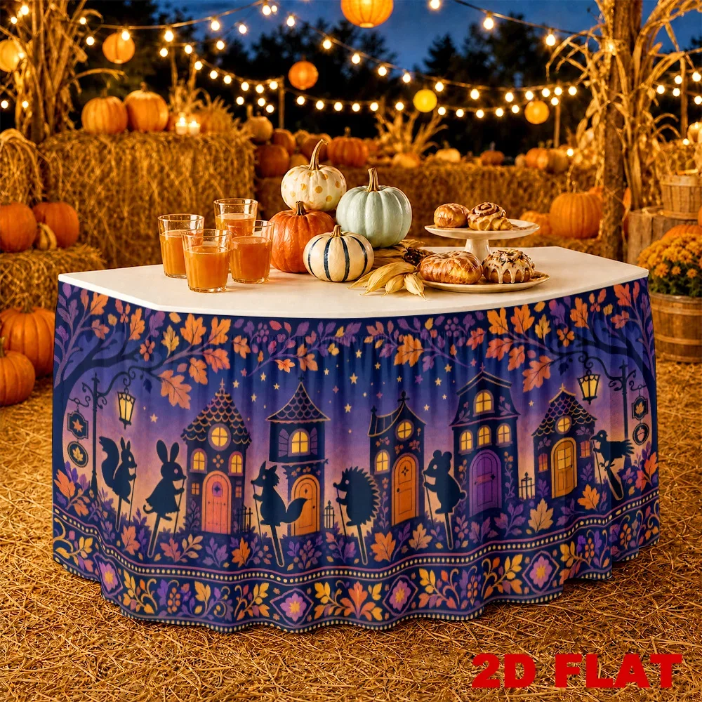 2D flat autumn forest night table skirt, 1-piece set, back-to-school season, wedding, party, Halloween, Thanksgiving
