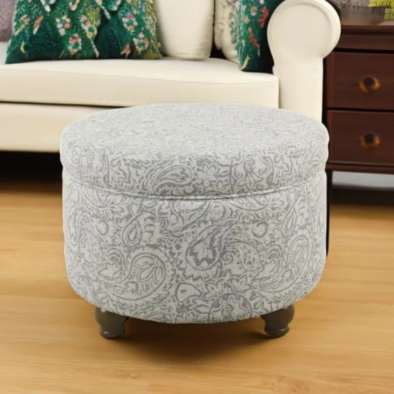 Home Decor | Upholstered Round Storage Ottoman | Ottoman with Storage for Living Room & Bedroom, Gray Floral