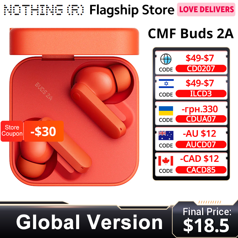  CMF Buds 2a Global Version Bluetooth 5.4 Up to 31H of playback 12.4mm Driver 42dB ANC 4HD Mics IP54 