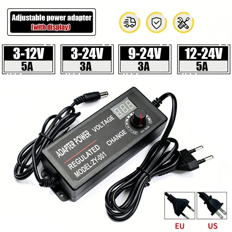 Adjustable Power Supply AC DC 3-12V 3-24V 9-24V 12-24V 3A 5A with display EU/Us Plug Universa Adapter LED Lighting Transformer