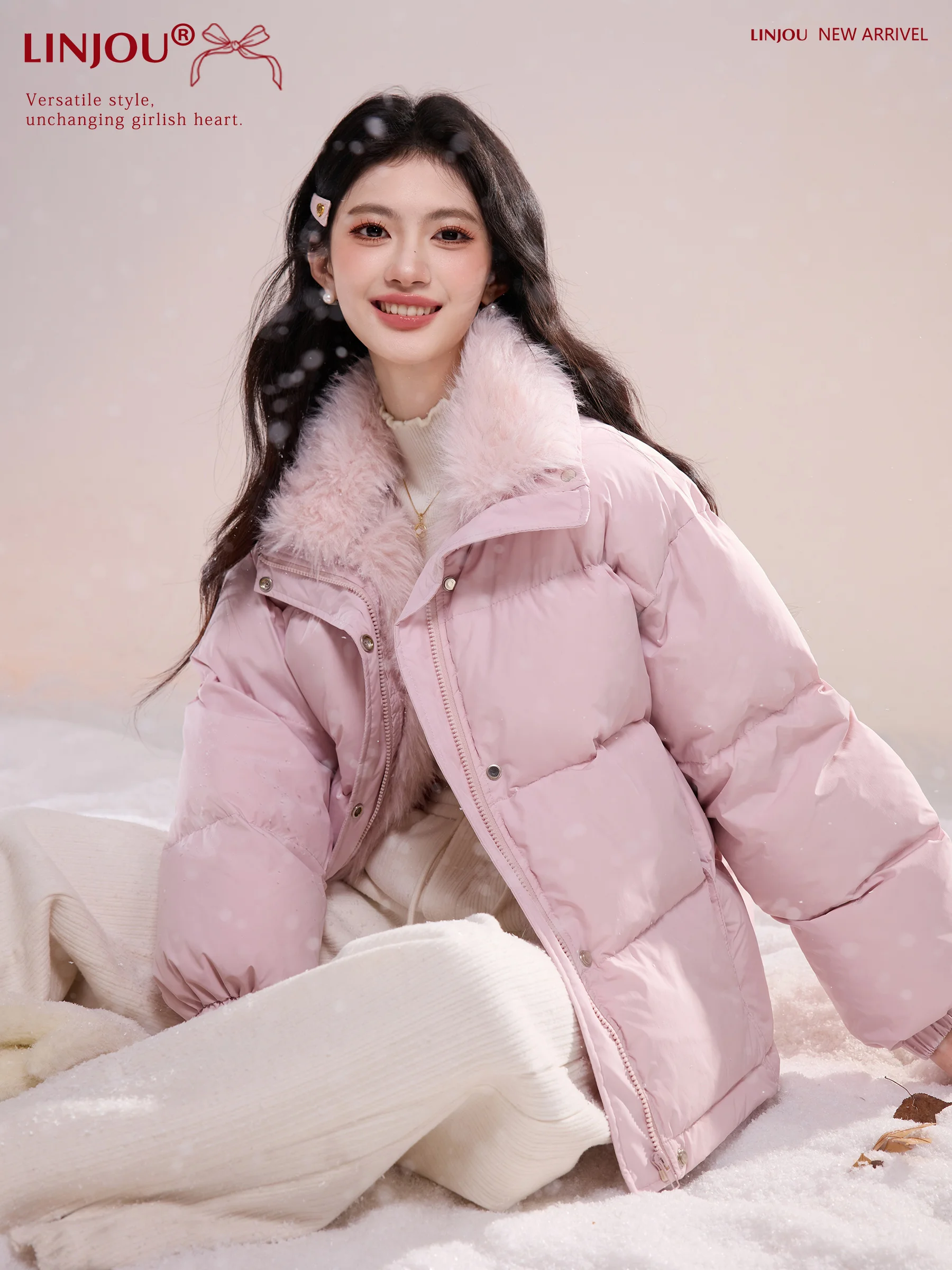 

Pink Hooded ort down Jaet Women's Bread Sle Du Feather Coat Warm Fluffy Elastic Seal Design Sweet Sle