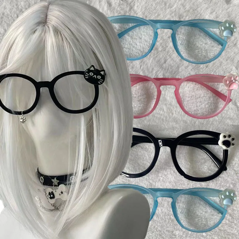 2025 Cat Paw Y2K Eyeglass Frame Anime Retro Glasses Kawaii Blue Pink Eyeglass Frame Cute Photo Props Eyewear Decorative Gifts