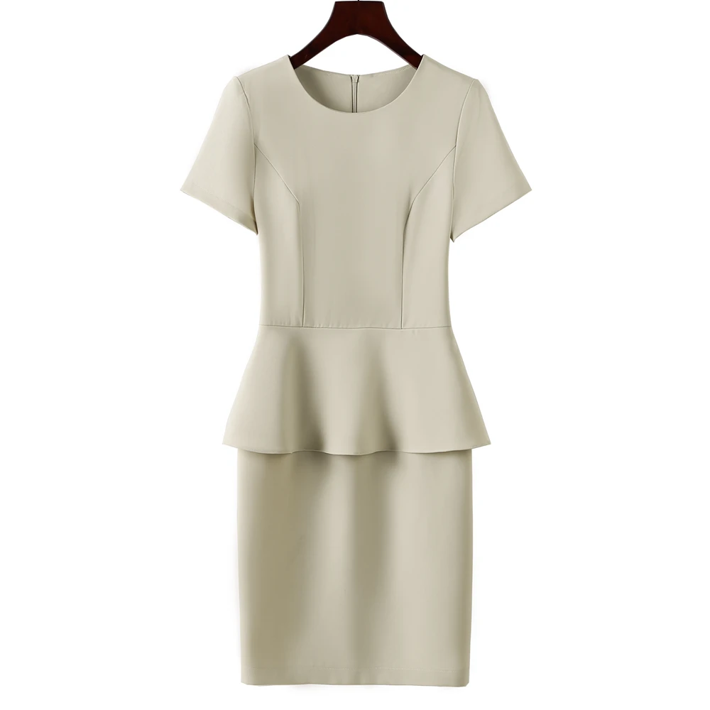 High Quality Summer Korean Short Sleeve Office Pencil Skirt Women\'s  Ruched Splicing Fake Two Piece Female Elegant Beige Dresses