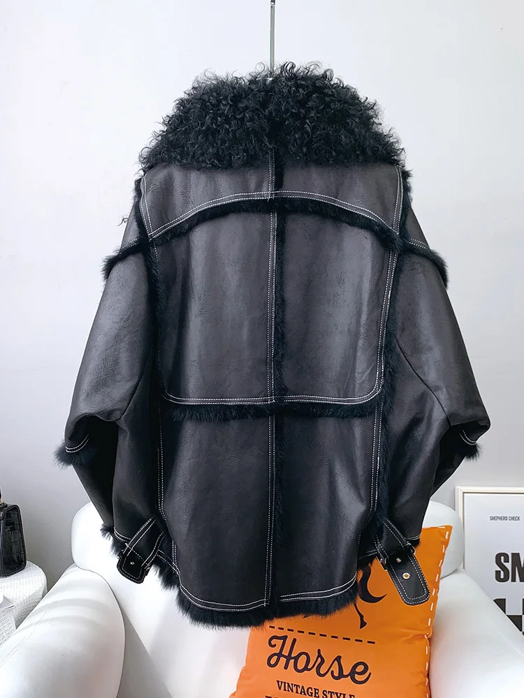 Inverno feminino quente real coelho forro de pele jaqueta moto motociclista camurça casaco de pele de cordeiro colarinho solto ajuste grosso