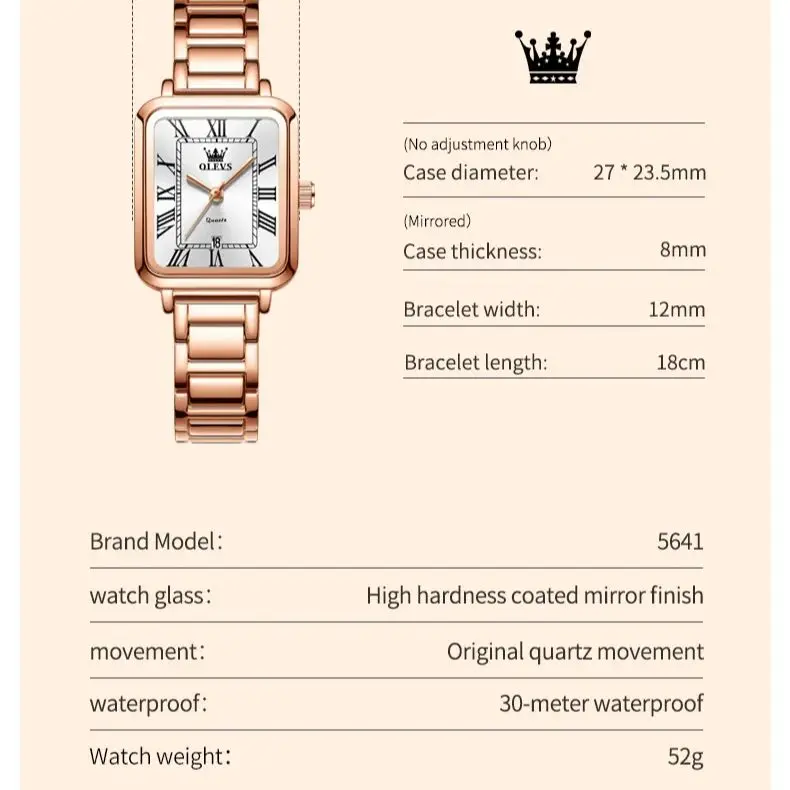 ساعة OLEVS 5641 للسيدات موضة بسيطة ريترو مربعة بمينا روماني تاريخ مقاوم للماء ساعة أنيقة فاخرة باللون الذهبي الوردي كوارتز ساعة نسائية
