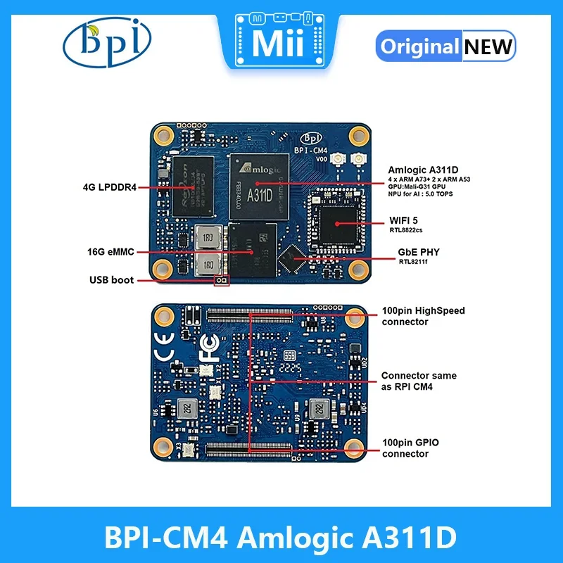 Banana Pi BPI-CM4 Amlogic A311D Quad Core ARM Cortex-A73 4G LPDDR4 16G eMMC Minipcie 26PIN Support HDMI Output Run Android Linux