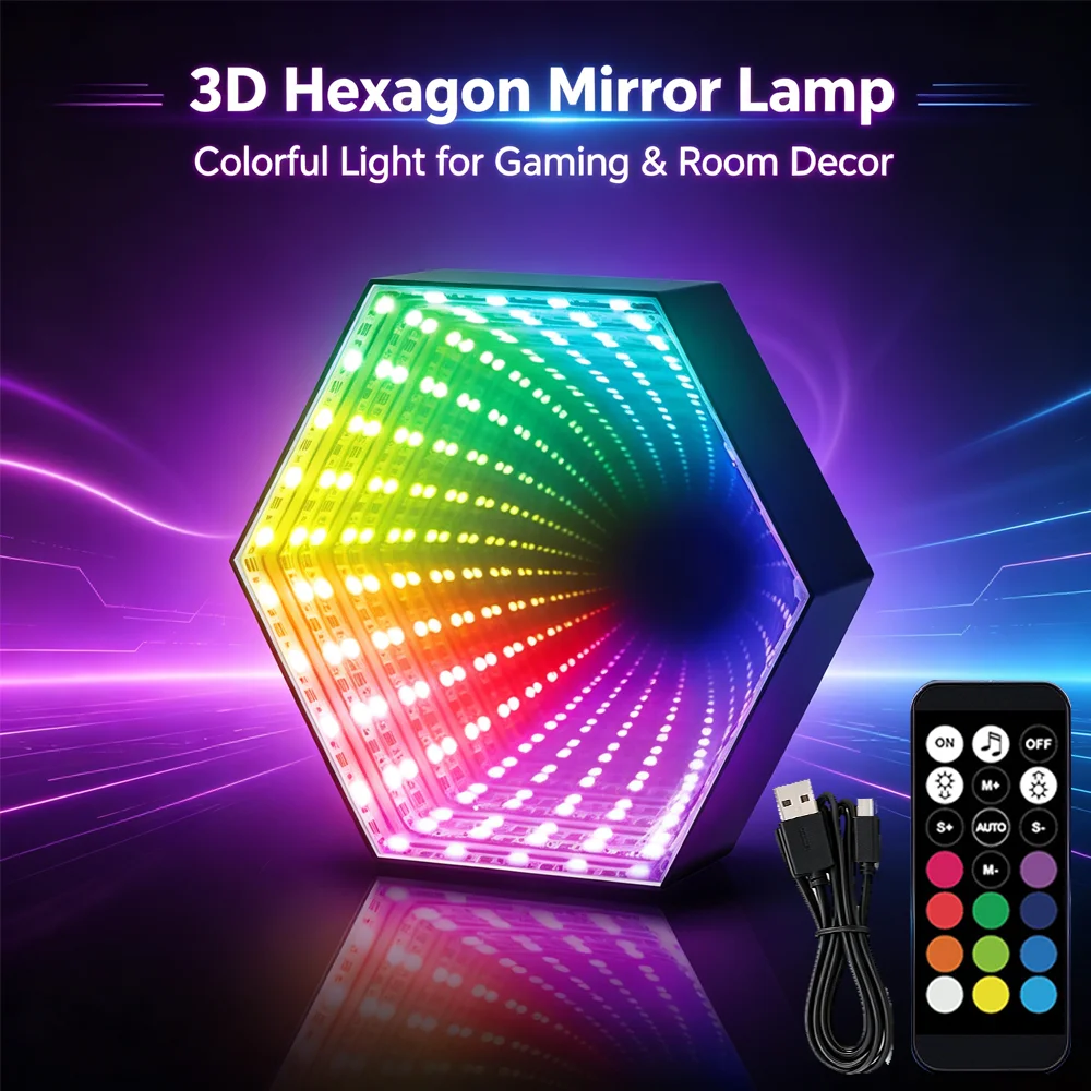 Smart RGB 3D Hexagonal Mirror Tunnel Light LED Desktop Ambient Lamp Compute Game Music Rhythm Sync Pickup Light Room Decoration