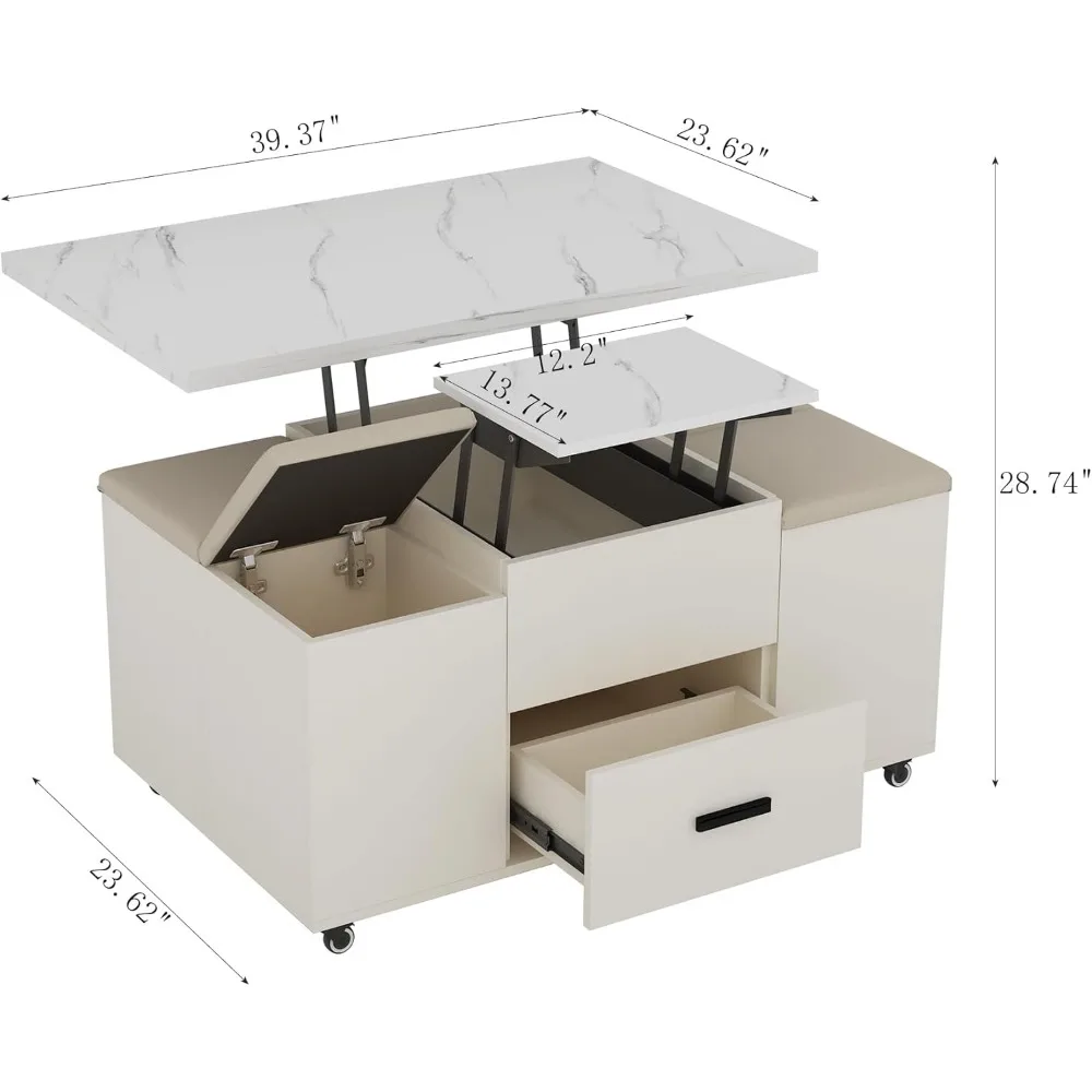 Lift Top Coffee Table with 4 Stools, Multi Functional Convertible Coffee Table with Drawers and Hidden Storage, Cocktail Table C