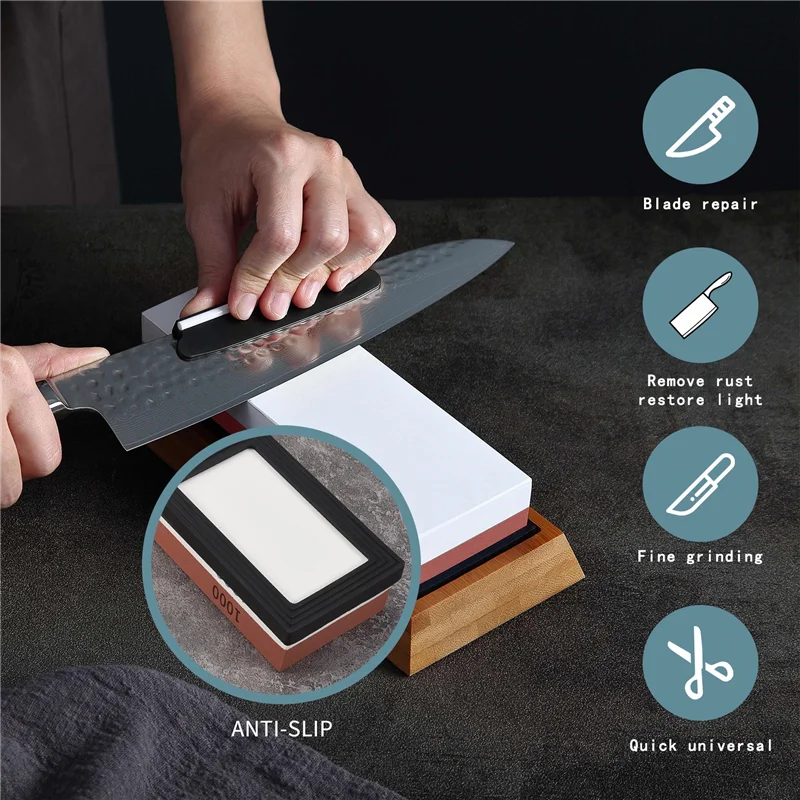 【Popular】Sharpening Stone,Whetstone Grit 1000/6000,2 In 1 Pair-Sided Knife Sharpener With Non-Slip Silicone Base & Angle Guide