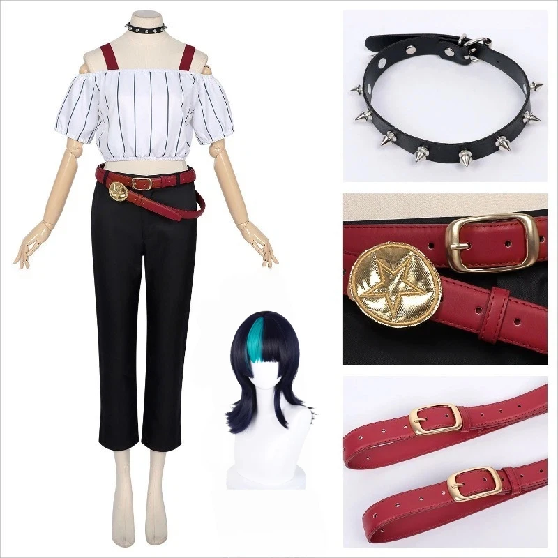 

Anime Hoshi Kirara Cosplay Costume White Top Black Pants with Wig Accessories Full Set for Women Role Play Outfit Theme Party
