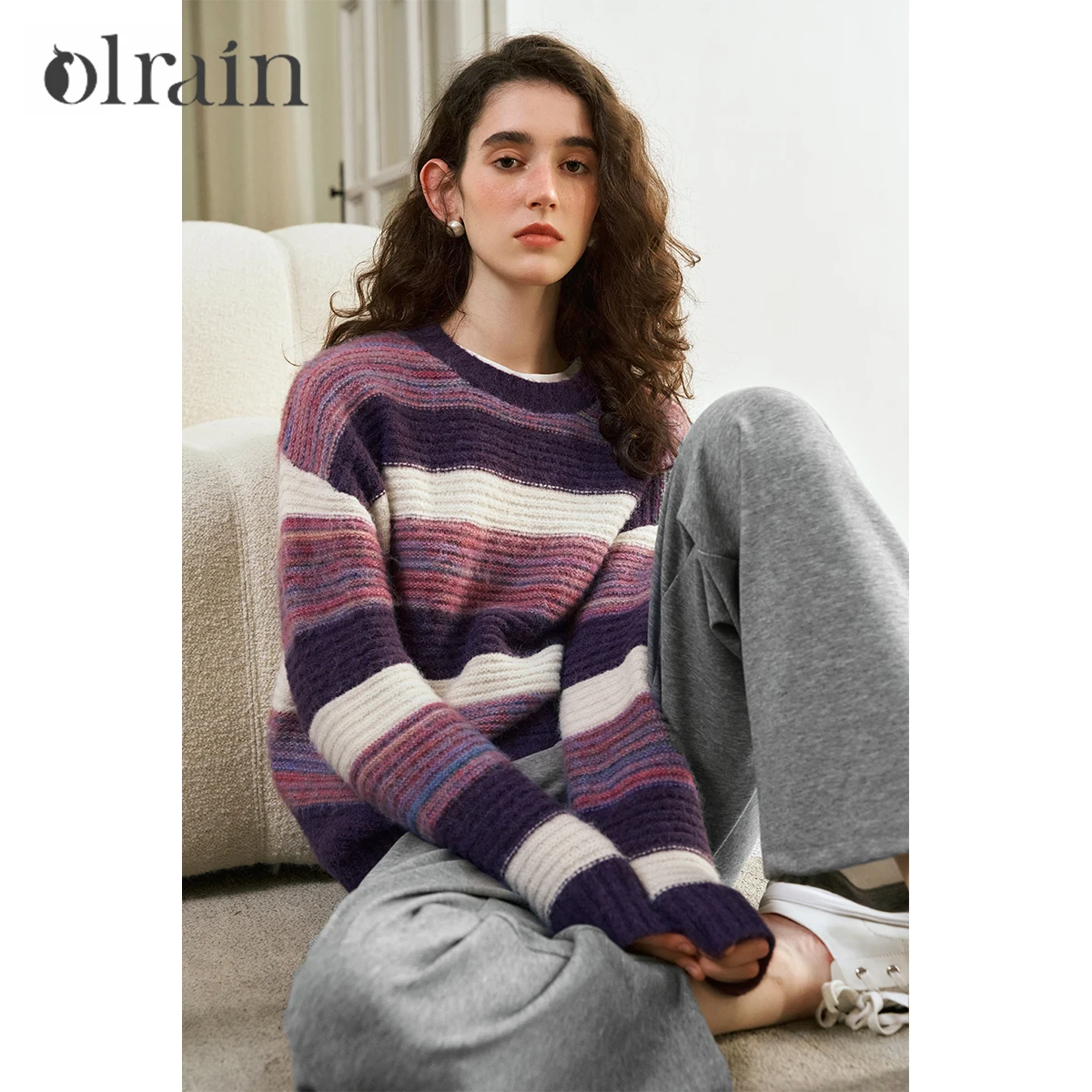 

OLrain женские полосатые свитера, осень 2024, пуловеры с круглым вырезом и длинными рукавами, повседневная модная женская одежда, женские топы N56QM95098