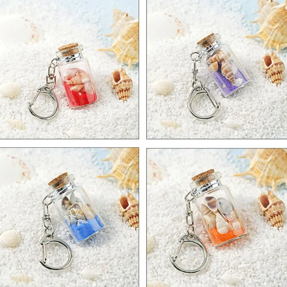 Sea Sand Drifting Bottle Keyring with Cork Shell Drifting Bottle Keychain Conch Wishing Bottle Beach Style Keychain