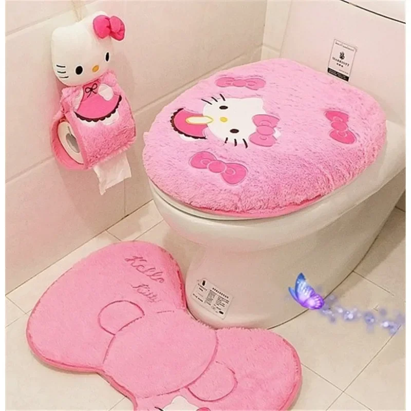 Sanrio Anime Hello Kitty Toilet Seat Cushion Three Pieces Set Restrooms Universal Winter Household Plush Toilet Seat Cover gift