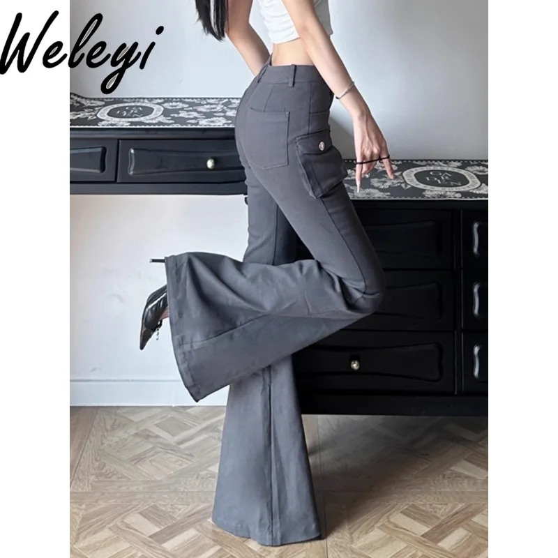 Office Ladies High Waist Hip Slightly Flared Pants Autumn and Winter New Casual Women's Gray Side Pocket Tooling Flare Trousers