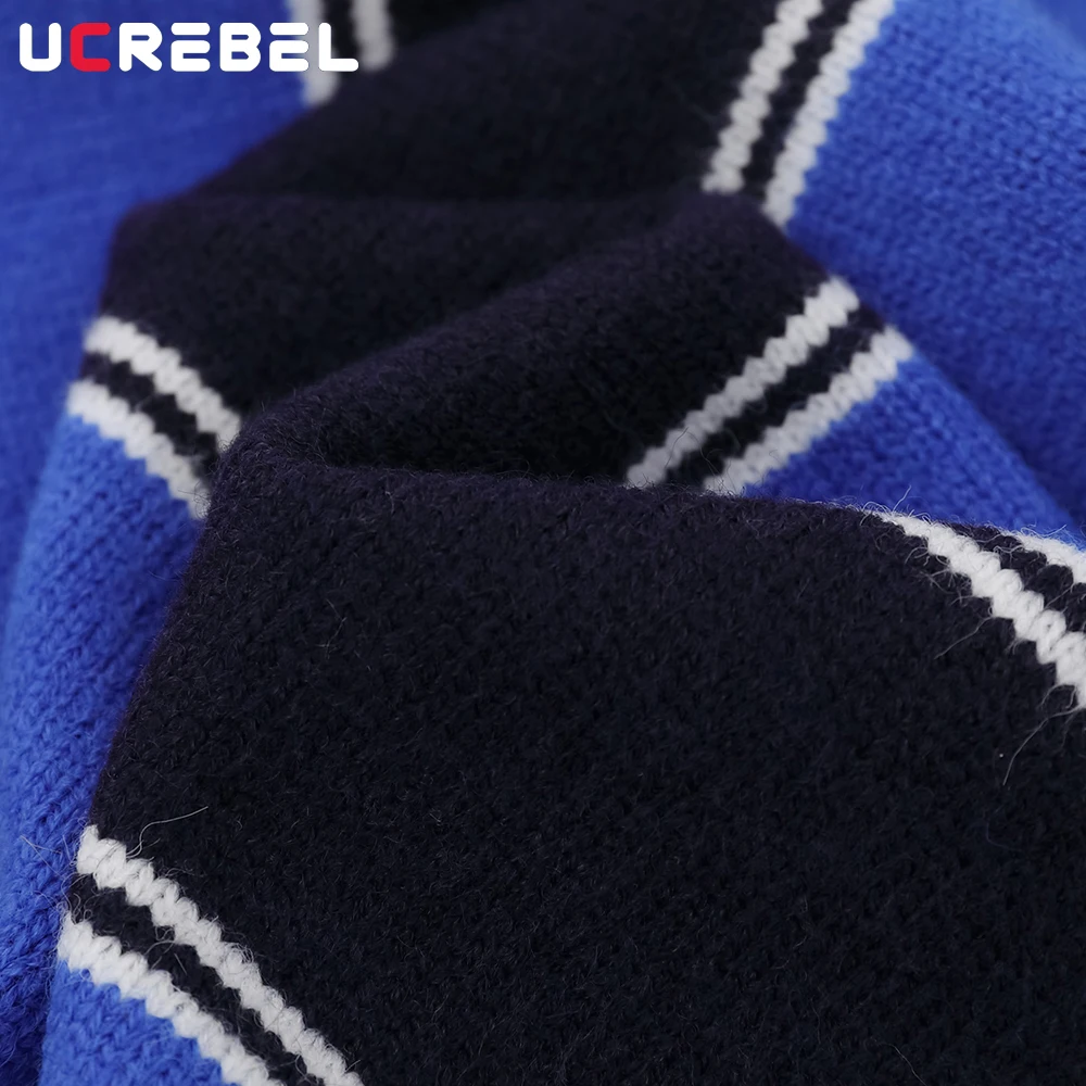 Contrast Striped Sweater Mens Letter Embroidery Autumn Winter High Street Lapel Long Sleeve Knitted Pullover Man