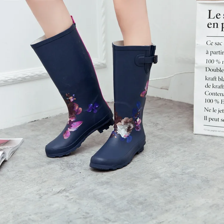 Fashion Ladies High-top Rain Boots Rain Boots Navy Blue Flower Water Shoes Rubber Sleeve Long Rain Boots