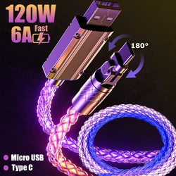 Luminous 180-degree Rotating Fast Charging Cable 120W 6A Micro Usb Type C Quick Charge Wire Cord for Samsung Xiaomi Huawei