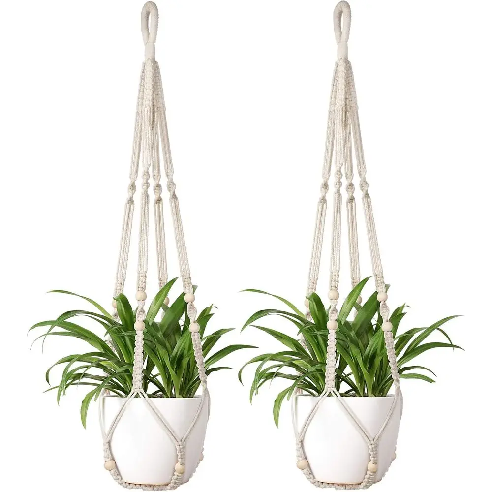 Plant Hanger Indoor Hanging Planter Basket with Wood Beads Decorative Lower Pot Holder No Tassels Indoor Outdoor Boho Home Decor