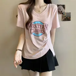 Women Summer Vintage Loose Large Size Appear Thin Letter V-neck Short Sleeve T-Shirt Women Clothes Casual All-match Trend Tops