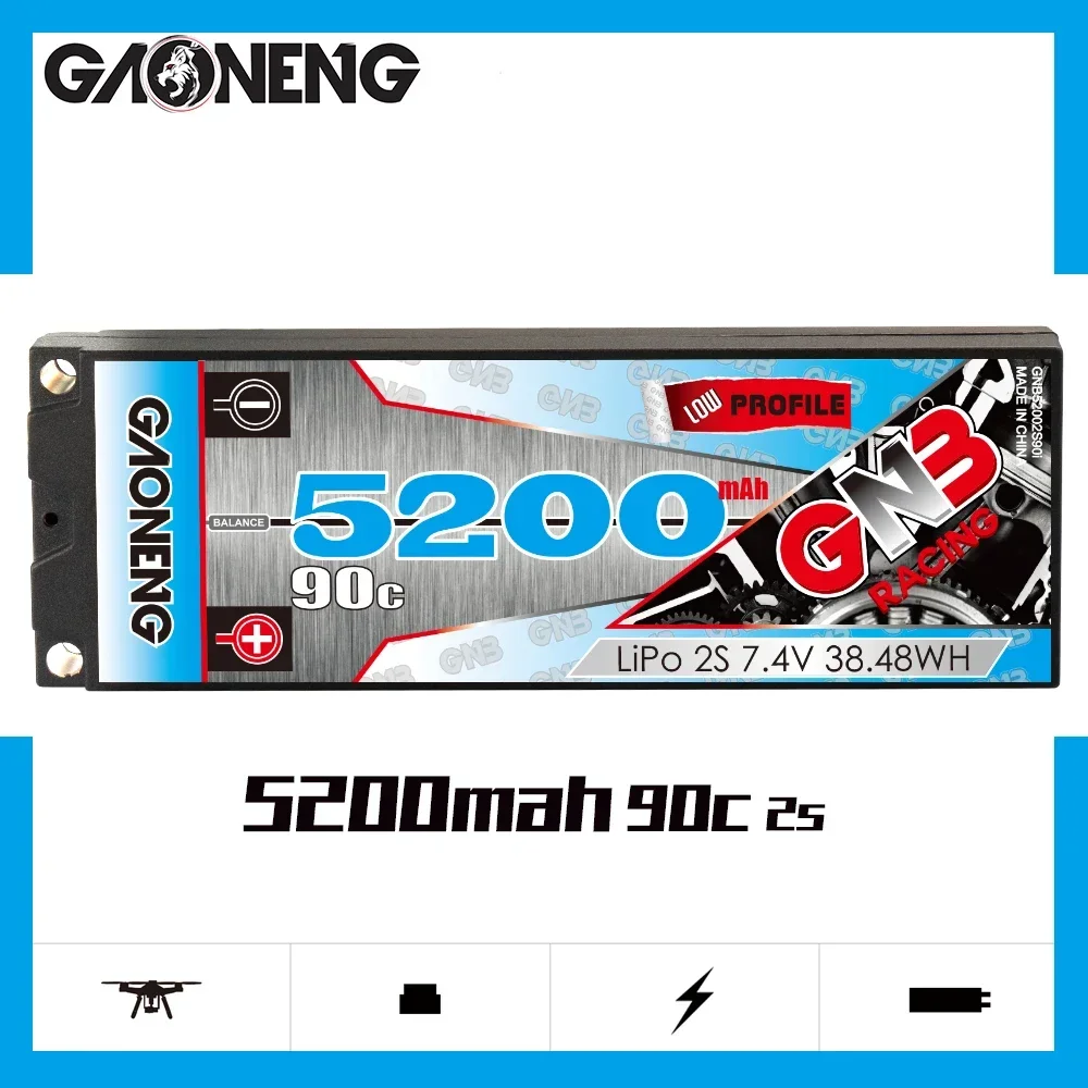 GAONENG GNB 5200mAh 2S 90C 180C 7.4V LCG See Throught 5mm Built-in Bullet Hard Case LiPo Battery 1/10 1/8 Scale RC Car