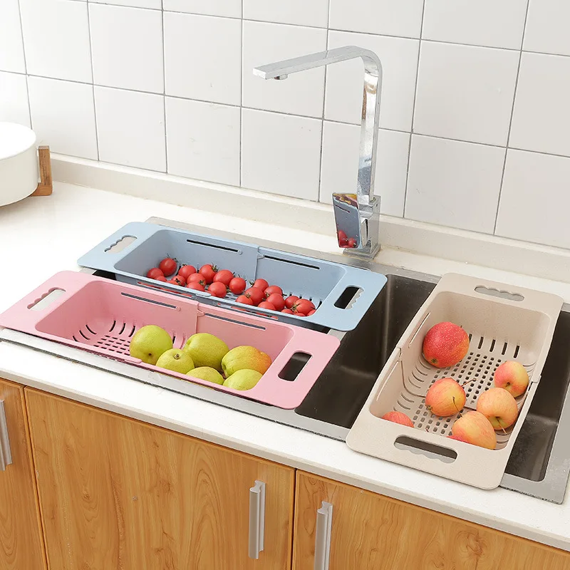 Kitchen plastic sink drain basket rack retractable tableware vegetable shelf storage hollow drain rack