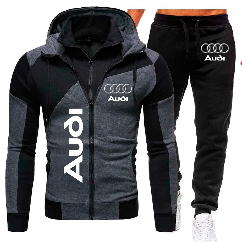 Autumn Winter Audi Men's Clothing Hoodie Suit Audi Logo Tracksuit Zip Hooded Sweatshirt and Pant Suit Sportswear Audi Sweat Suit