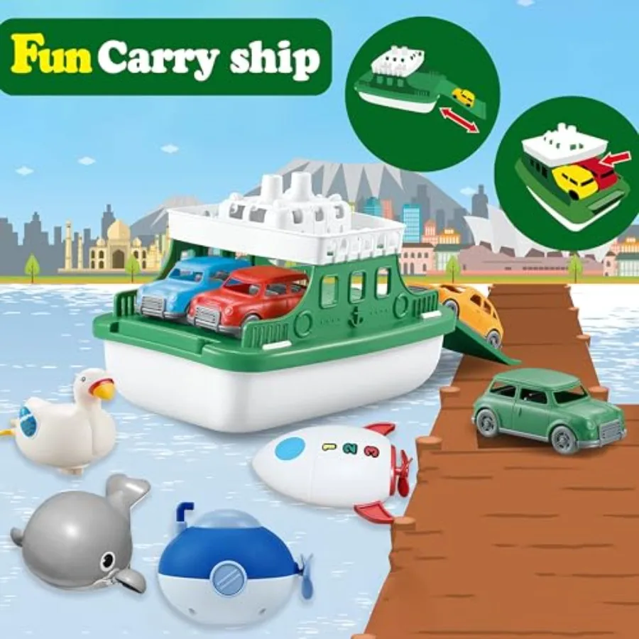 24 Pcs Bath Toys Set Ferry Boat with 4 Car and 4 Wind Up Bath Swimming Toys Spinner Spinning Top Basketball and Fishing Game Pe