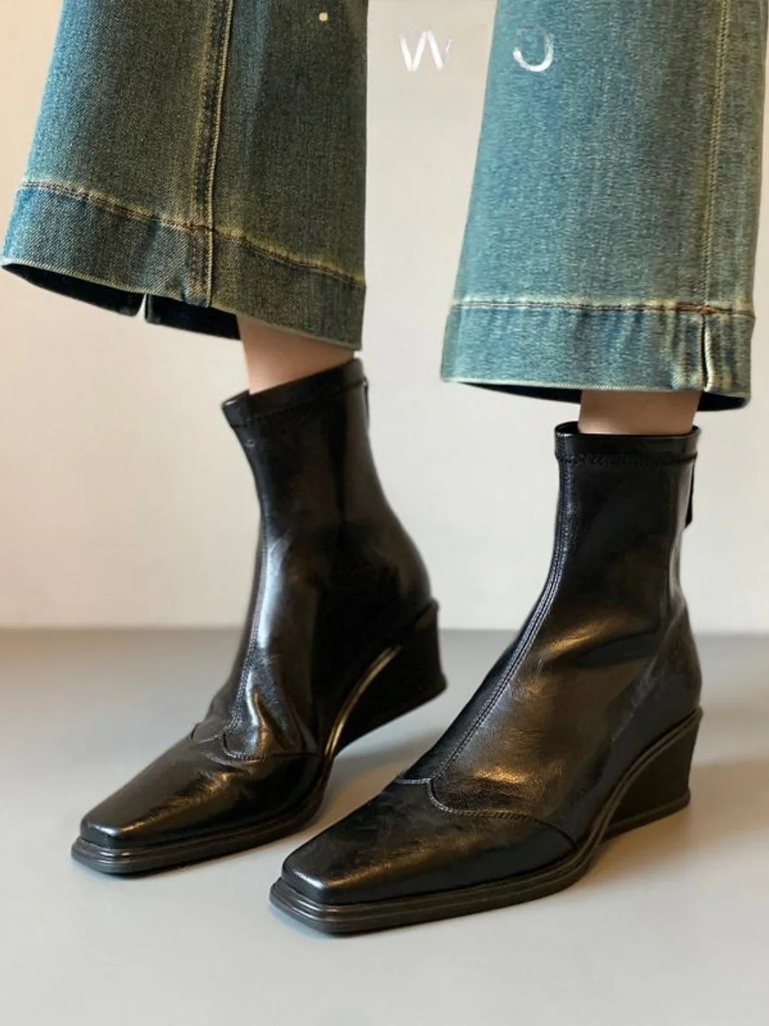 

Comfortable Thick Heel Slope Boots Square Head Elastic Slim Boot New Model Back Zipper High Heel Short Boot Commuting Single ...