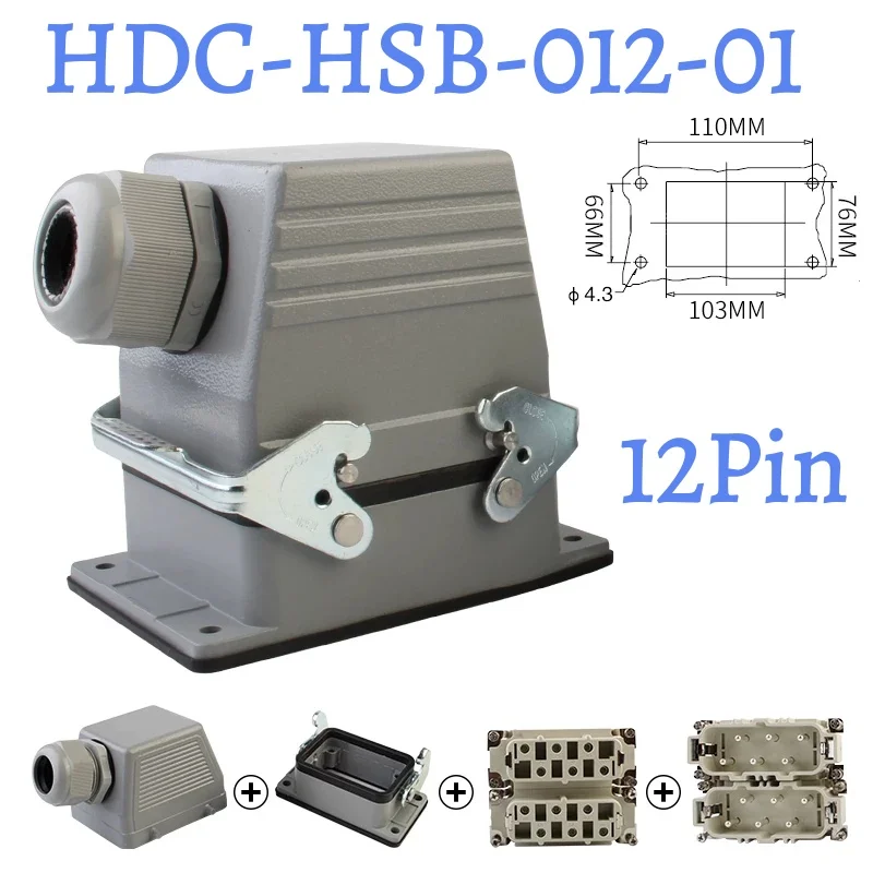 Rectangular Heavy-Duty Connector Plug Socket HDC HSB 4Pin 6P 12Core Waterproof Industrial Connectors 35A Hot Runner