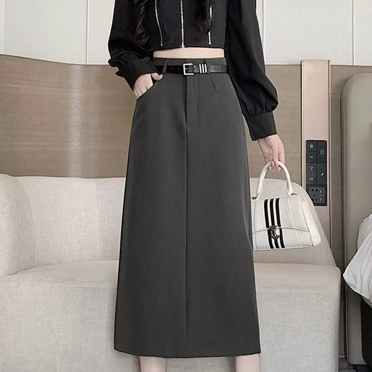 Grey High-waisted A- line Skirt Half Dress Petite Long Dress Autumn/winter For Women Side Slit Workwear