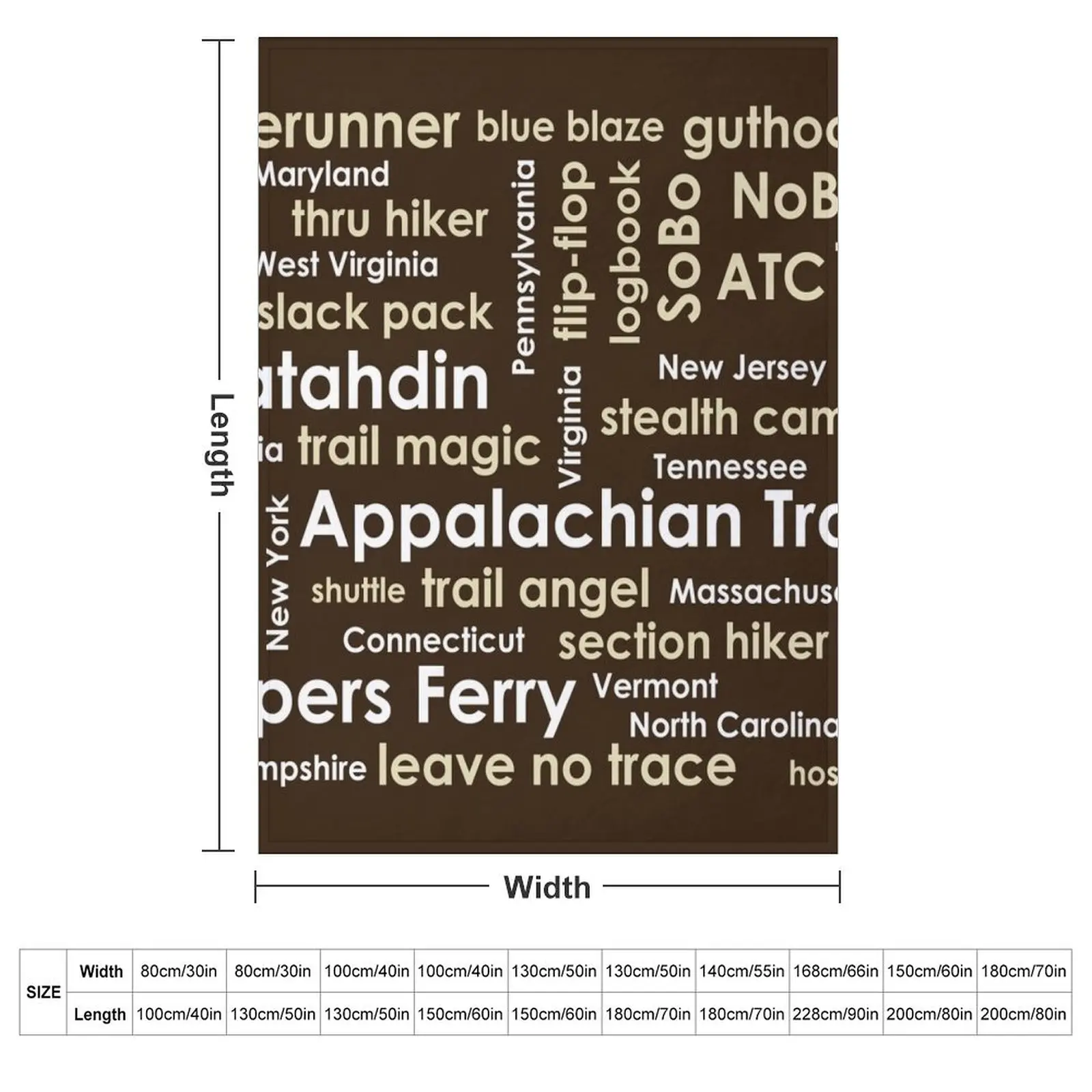 Appalachian Trail Word Cloud Throw Blanket couch cozy soft plush fuzzy picnic outdoor blanket