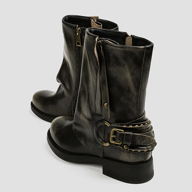 2026 New Winter Fashion Design Pleated Women Ankle Boots Round Toe Zipper Buckle Square Heels Vintage Western Boots Mujer