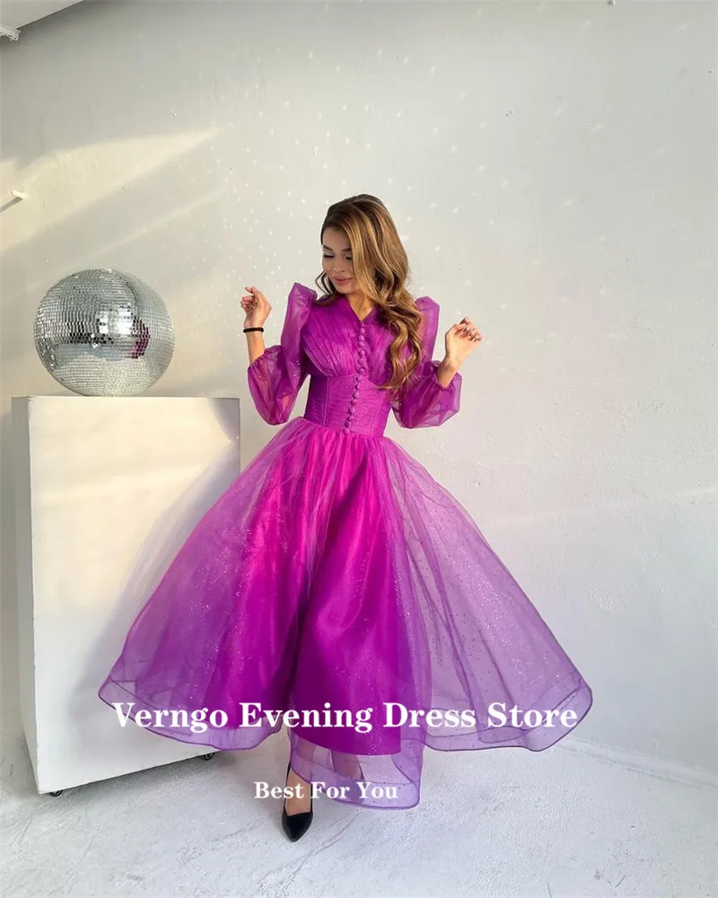 Verngo Shiny Fuschia Purple Tulle Evening Party Dresses Puff Long Sleeves V Neck Buttons Ankle Length Prom Dress Birthday Party