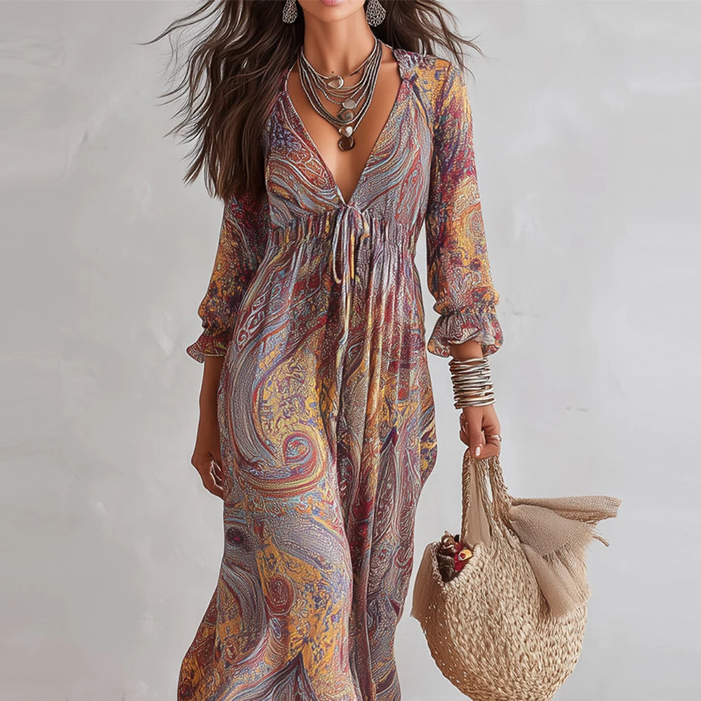 

Women's Boho Paisley Print Maxi Dress Sexy V-Neck Long Sleeve Drawstring Waist Flowy Chiffon Sundress For Beach Vacation Dresses