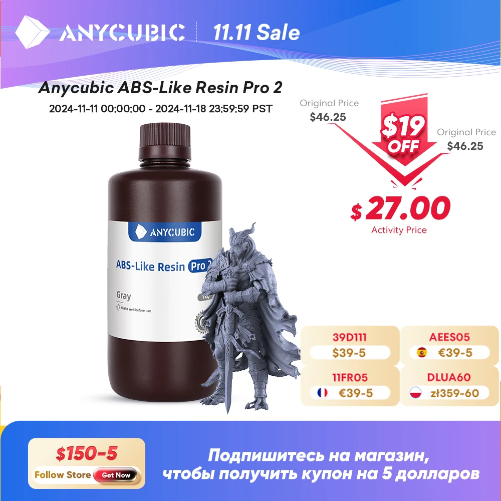 ANYCUBIC Upgraded ABS Pro 2 3D Printer Resin Hardness and Toughness 405nm UV-Curing Standard Photopolymer Resin for LCD