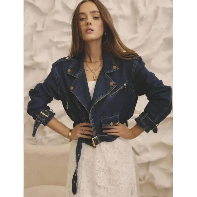 

Осенняя новинка Sle ort Denim Motorcycle Jaet Summer Golden Trim Details Youth Faion Fce Lined V-Ne Seven Sve Length