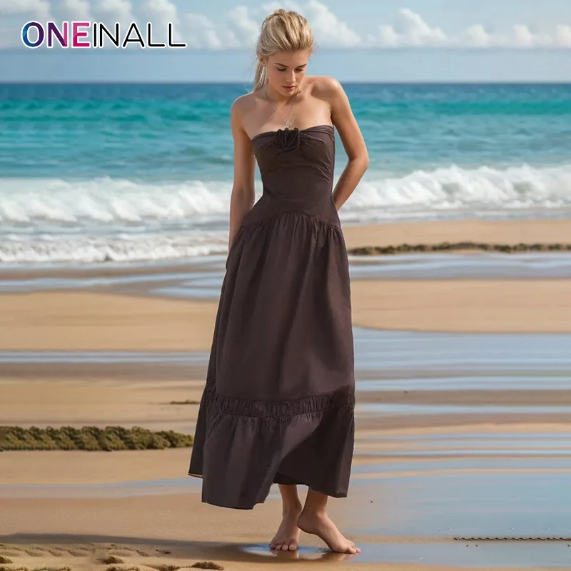 

ONEINALL Sexy Club Folds Maxi Dress For Women Halter Sleeveless High Waist Spliced Appliques Luxury Dresses Summer Clothing New