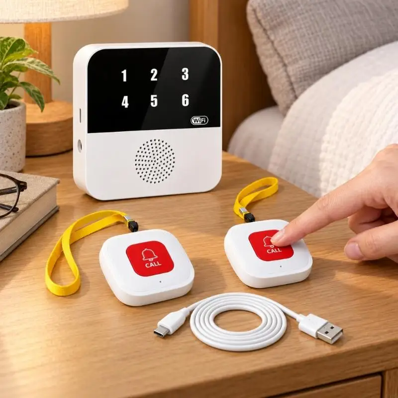 Wireless Emergency Call System Caregiver Call Button with 2 Call Controls, Single-Press Activation, and Receiver Sound and F19E