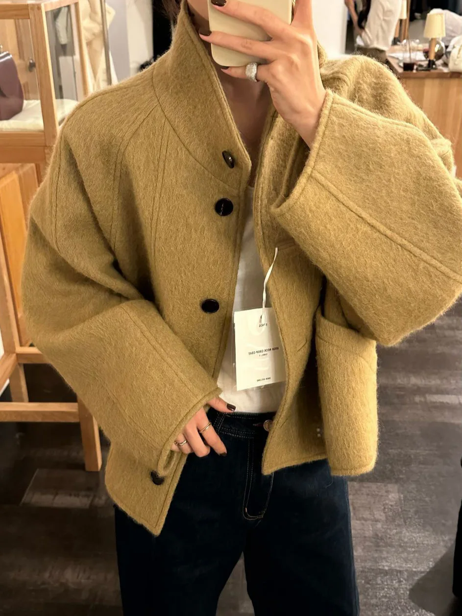 

Office Lady Single-Breasted Short Woolen Jackets Women's 2025 Autumn And Winter O-Neck Loose Women 100% Wool Coats