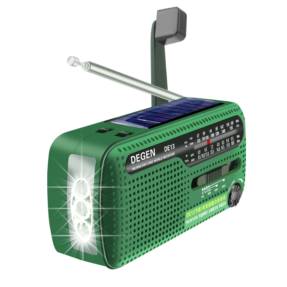 DE13 Portable Survival Emergency Radio Solar Hand Crank FM MW SW Receiver LED Flashlight Phone Charger Alarm Clock For Camping